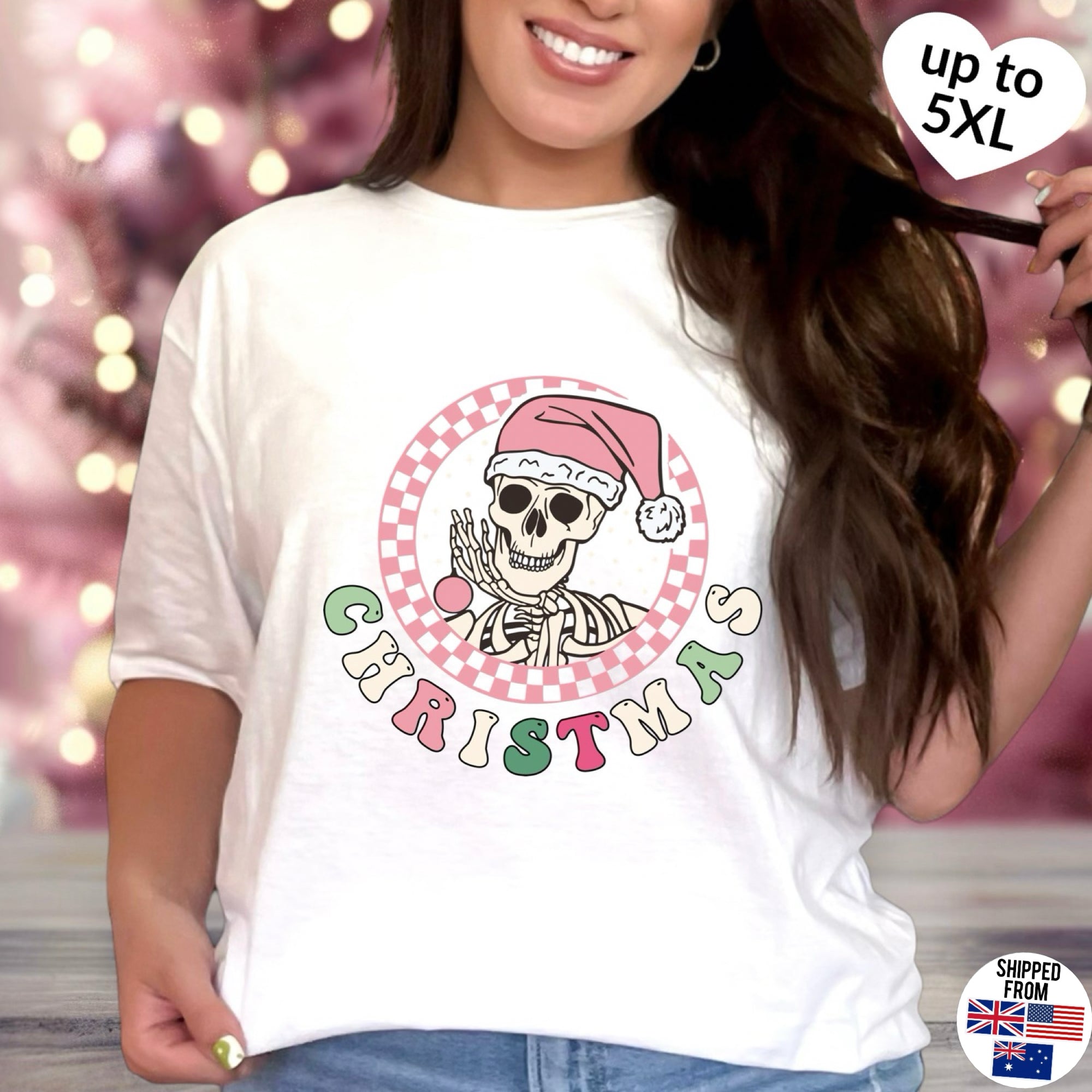 Pink Skeleton Christmas T-shirt, up to 5XL, spooky cute