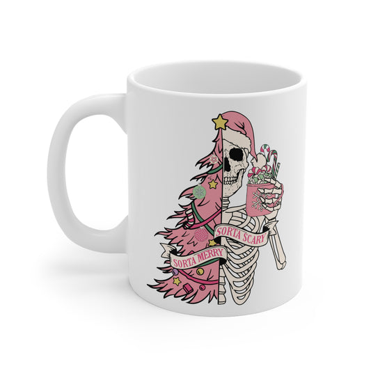 Sorta Merry Sorta Scary Christmas Mug, pink skeleton