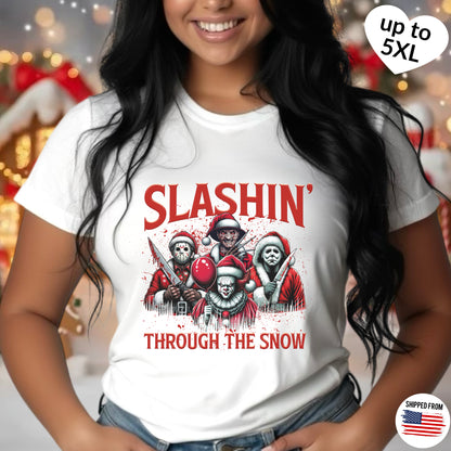 Slashing through the snow, Christmas Softstyle T-Shirt, Horror Movie, Ugly Christmas Jumper