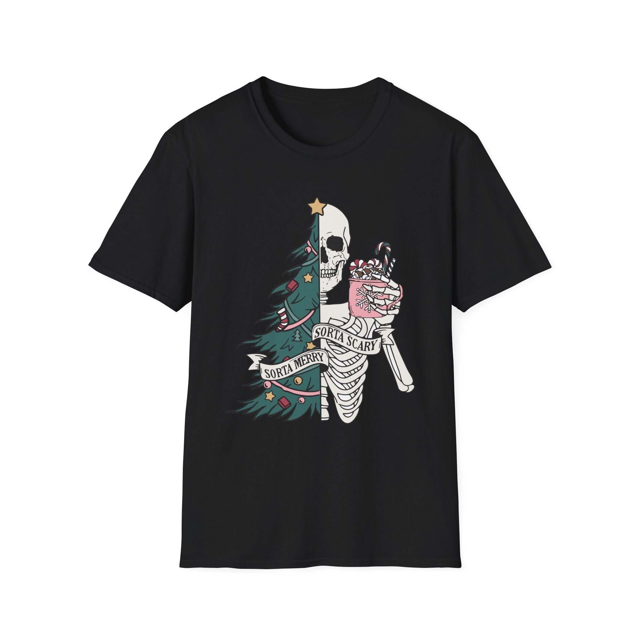 Sorta Merry Sorta Scary, Christmas T-shirt, up to 5XL, spooky skeleton
