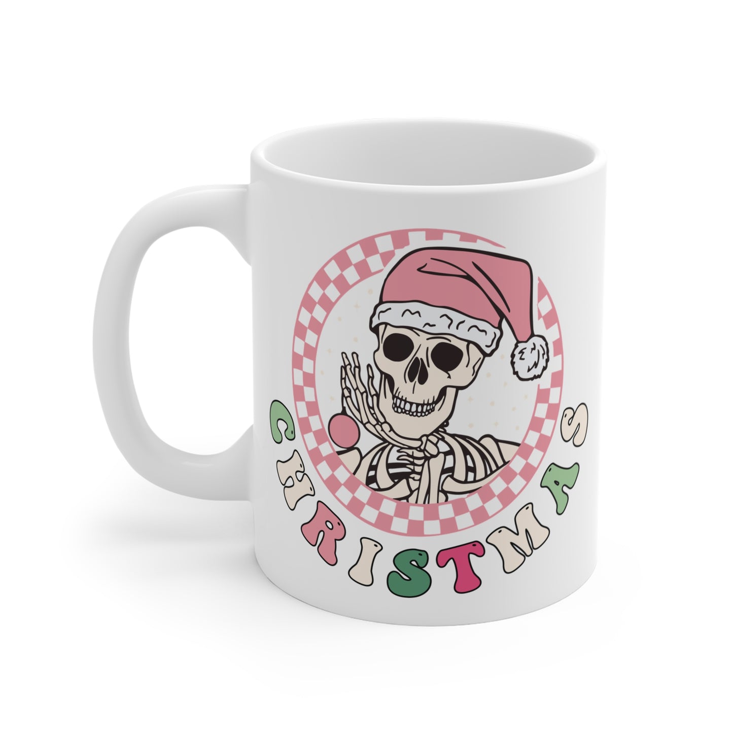 Pink Skeleton Christmas Mug, spooky cute