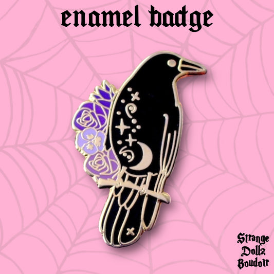 Raven enamel pin badge, witchy celestial, Strange Dollz Boudoir