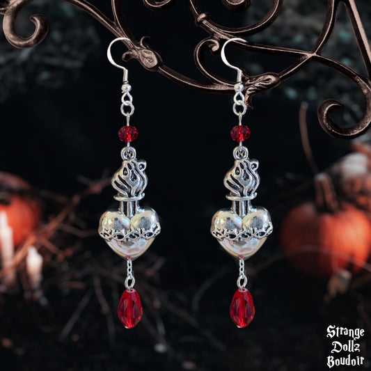 Gothic earrings, sacred heart earrings, 925 sterling silver hooks, Strange Dollz Boudoir