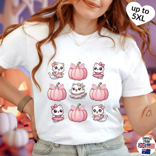 Cute coquette ghost kitty T-shirt, up to 5XL, spooky kawaii, pink pumpkins