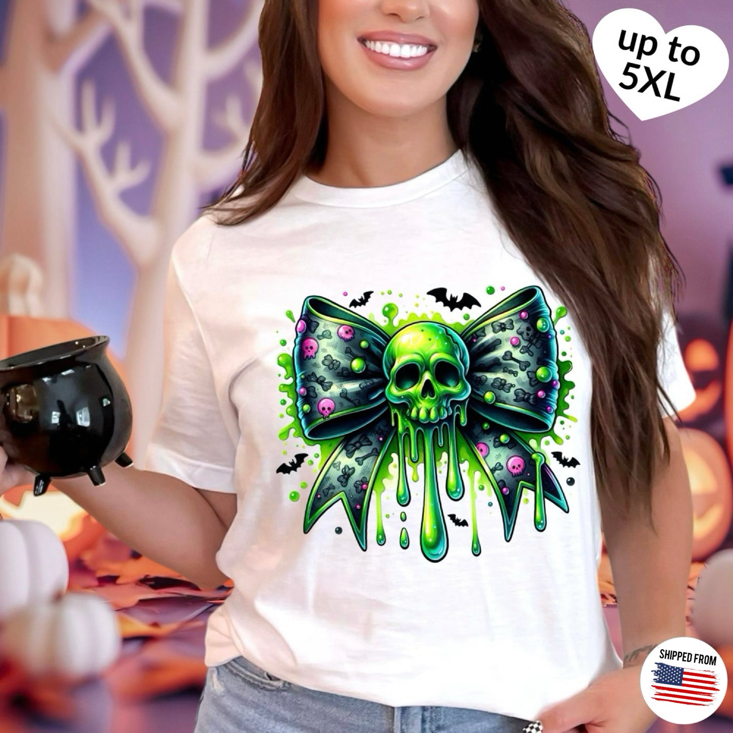 Coquette Neon Skull Bow, Halloween Softstyle T-Shirt, up to 5XL