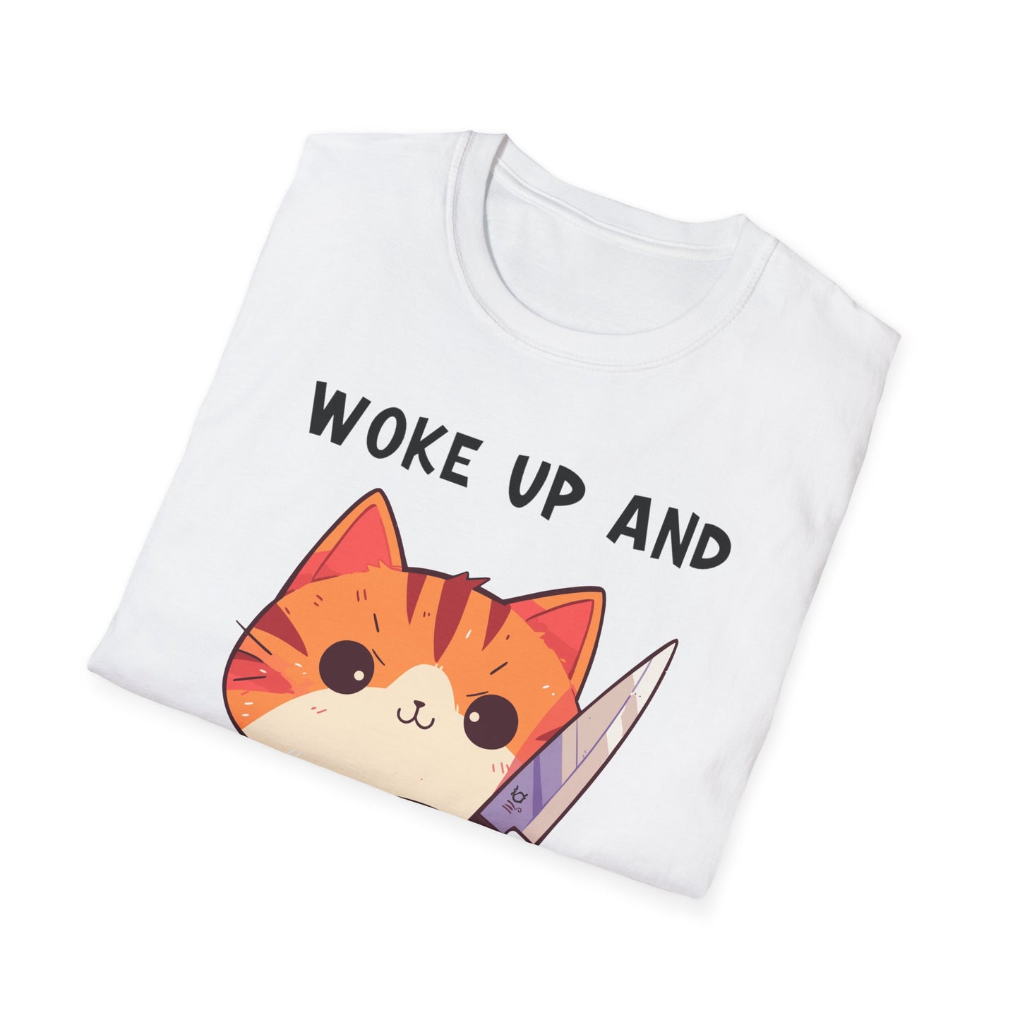 Woke up and chose violence T-shirt, up to 5XL, cute cat with knife