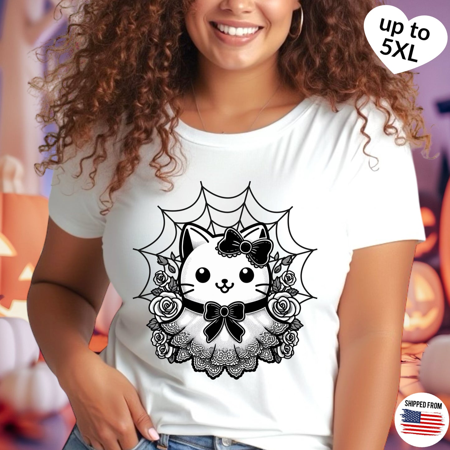 Spooky kawaii kitty T-shirt, up to 5XL, cute coquette