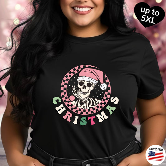 Pink Skeleton Christmas T-shirt, up to 5XL, spooky cute