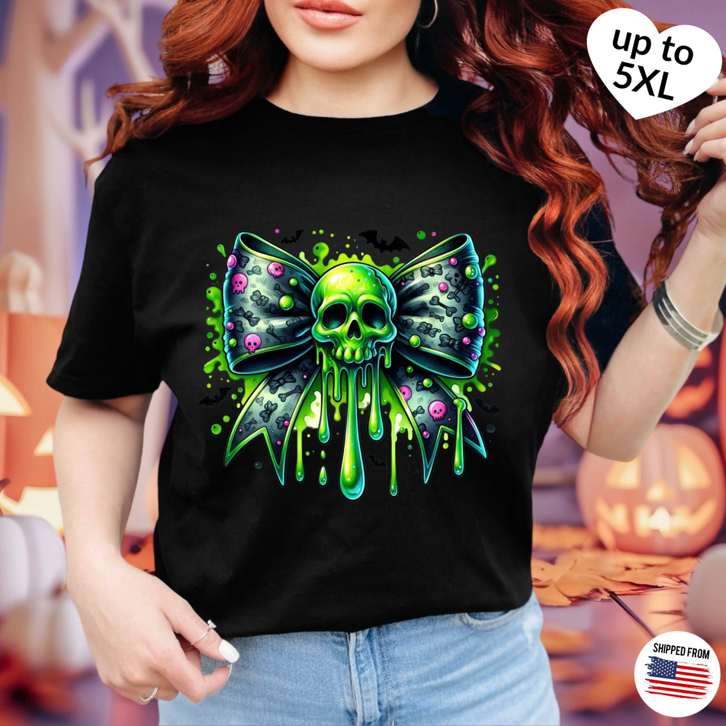 Coquette Neon Skull Bow, Halloween Softstyle T-Shirt, up to 5XL