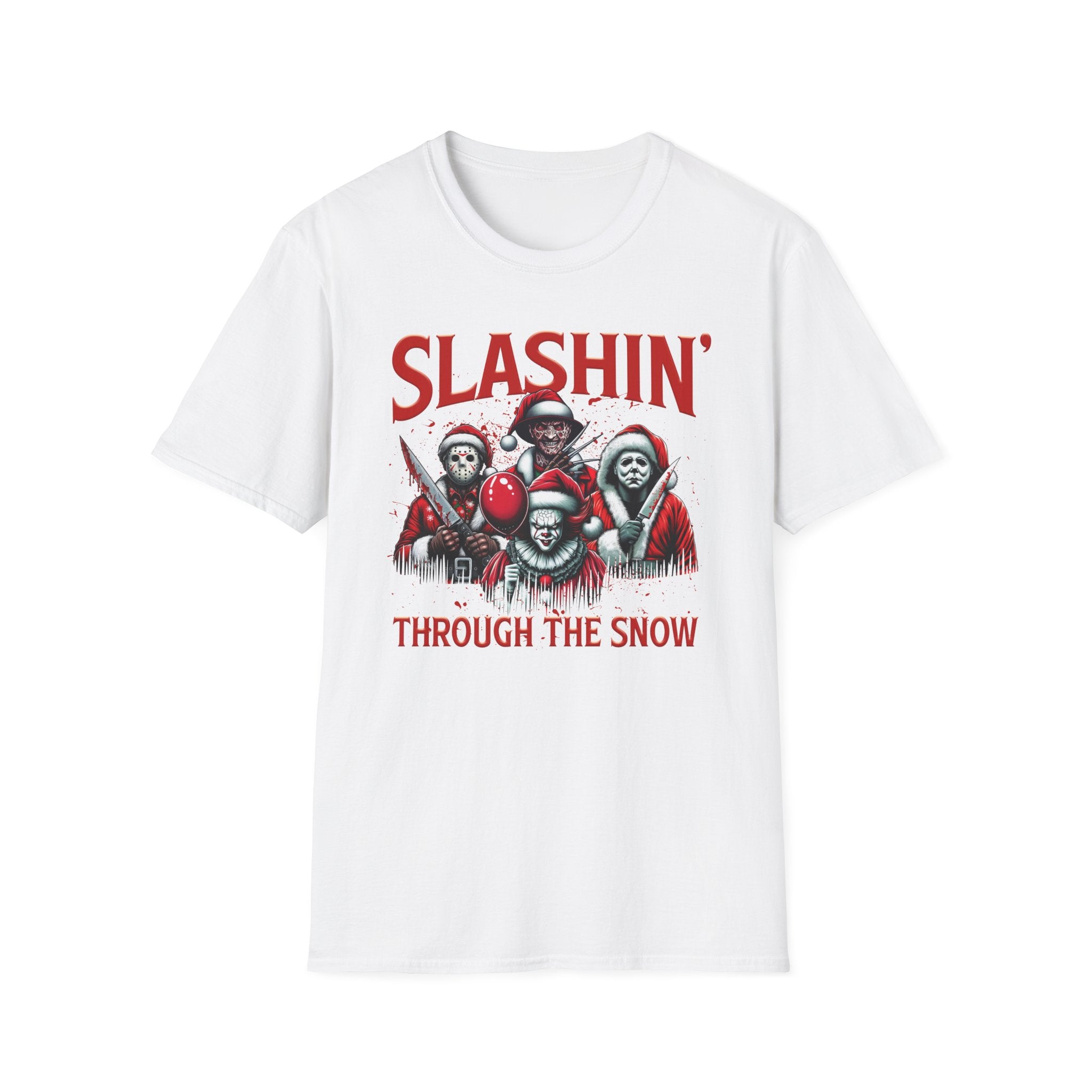 Slashing through the snow, Christmas Softstyle T-Shirt, up to 5XL, Horror Movie, Ugly Christmas Jumper
