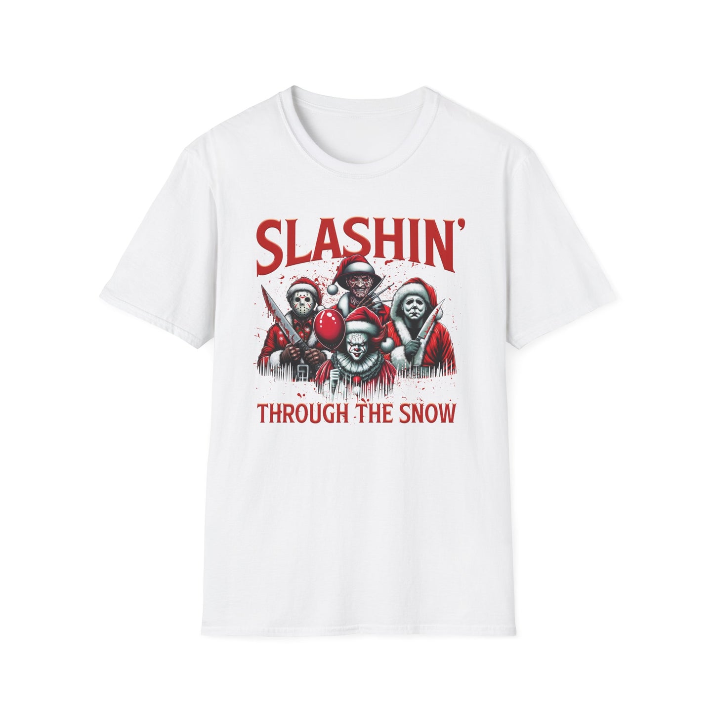 Slashing through the snow, Christmas Softstyle T-Shirt, Horror Movie, Ugly Christmas Jumper