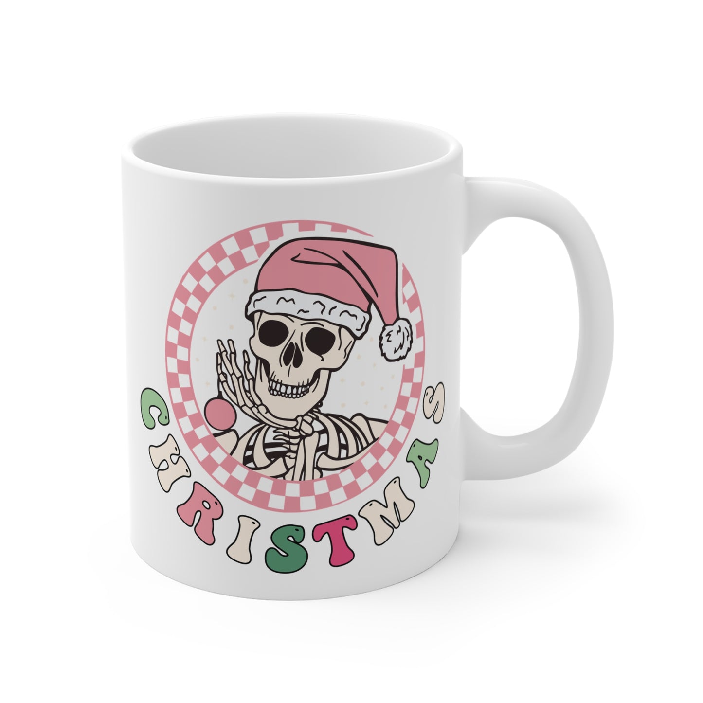 Pink Skeleton Christmas Mug, spooky cute