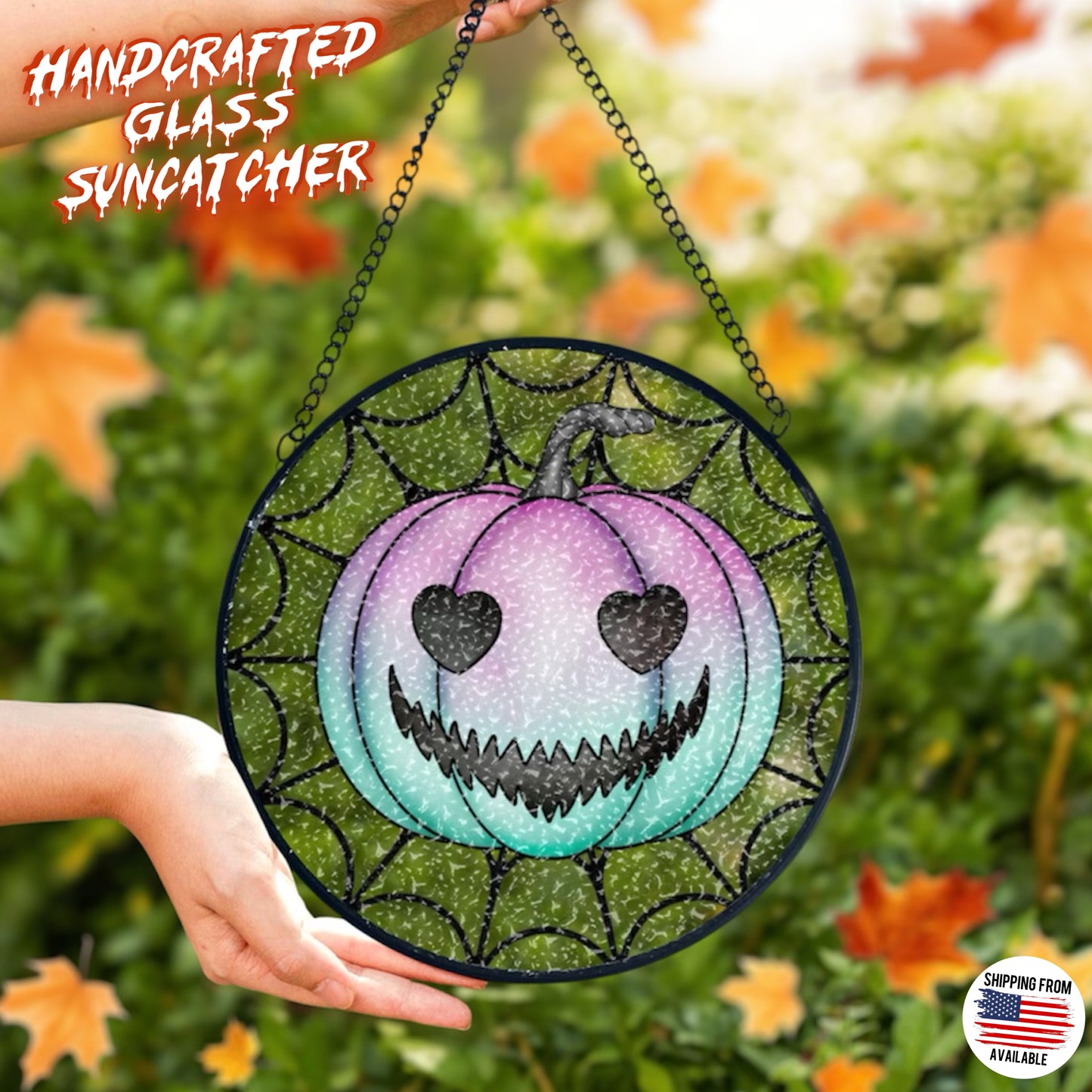 Pastel goth pumpkin glass handcrafted suncatcher, Halloween