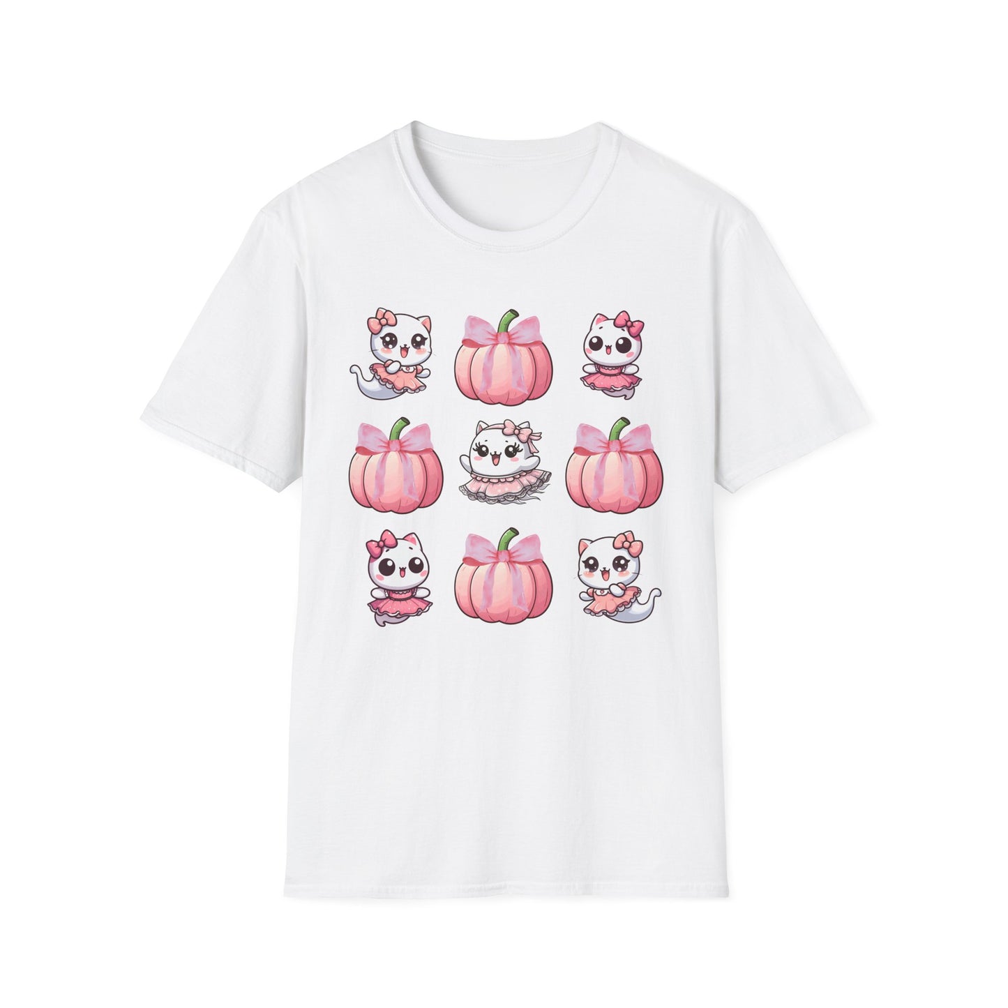 Cute coquette ghost kitty T-shirt, up to 5XL, spooky kawaii, pink pumpkins