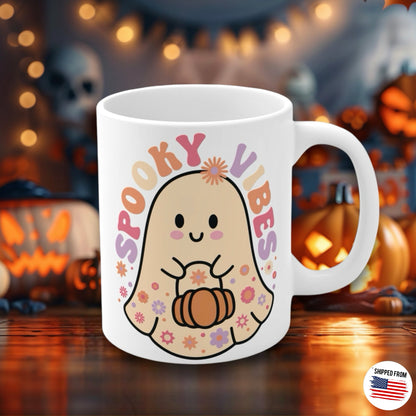 Spooky Vibes, Halloween Mug, cute ghost