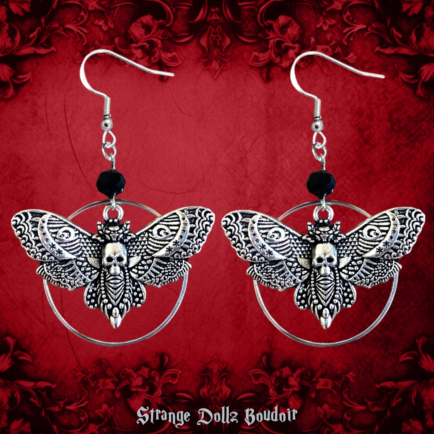Death Moth hoop earrings, 925 Sterling Silver, Witchy Gothic, Strange Dollz Boudoir