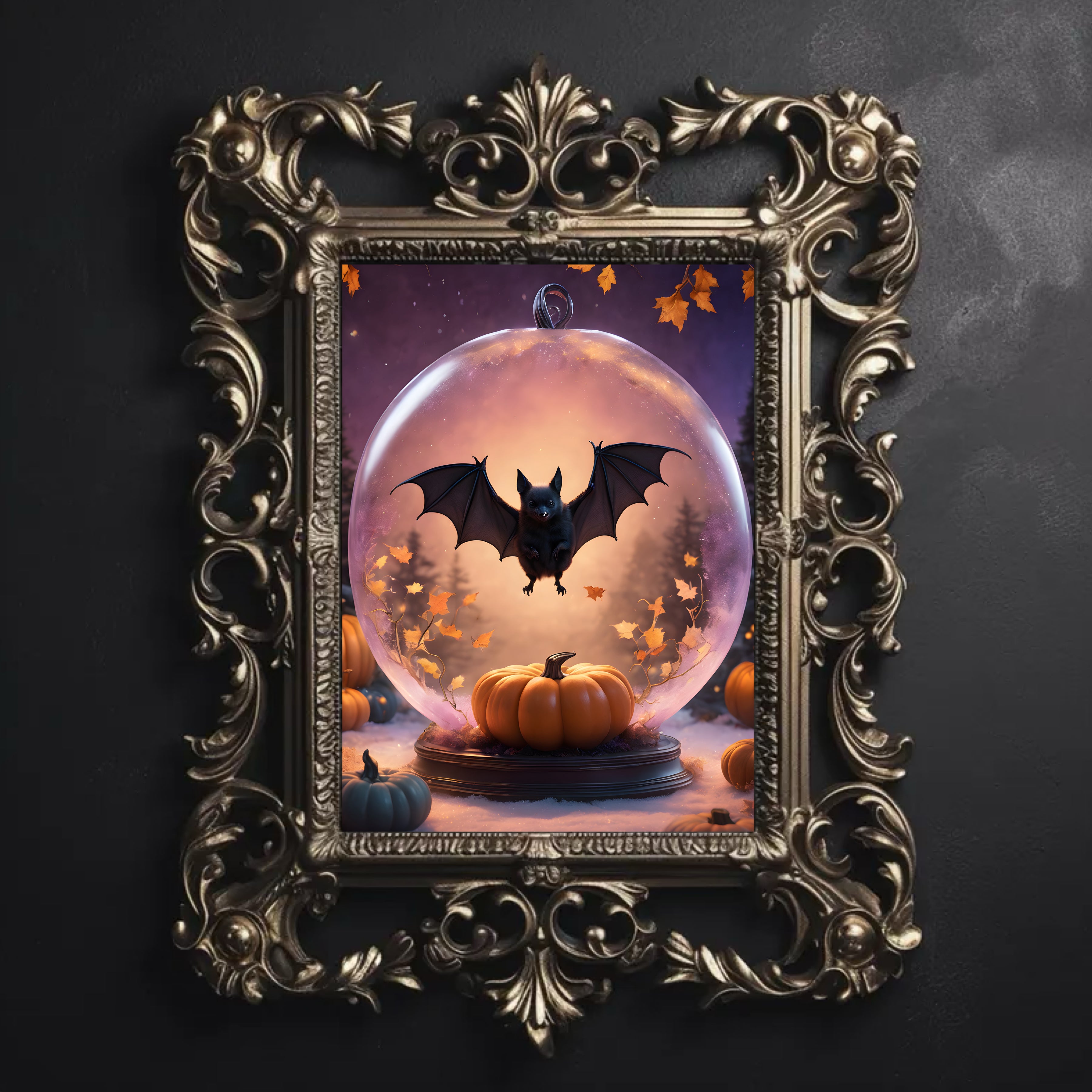 Bat and Pumpkins Fine Art Print, Dark Academia, Goth Wall Decor, Gothic Gallery Wall, Halloween Decor