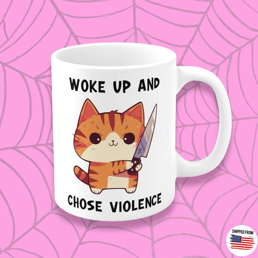 Woke up and chose violence Mug, cute cat with knife