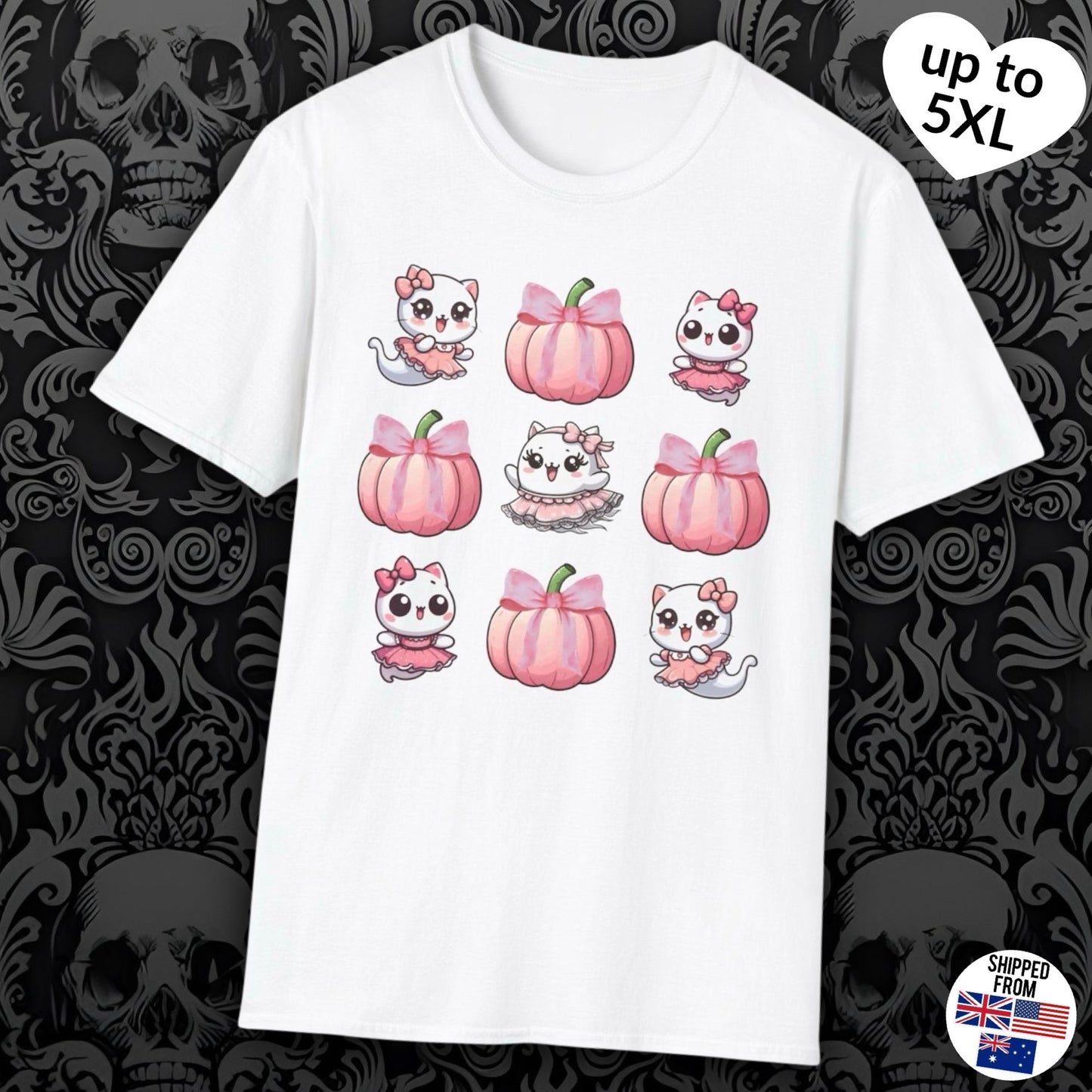 Cute coquette ghost kitty T-shirt, up to 5XL, spooky kawaii, pink pumpkins