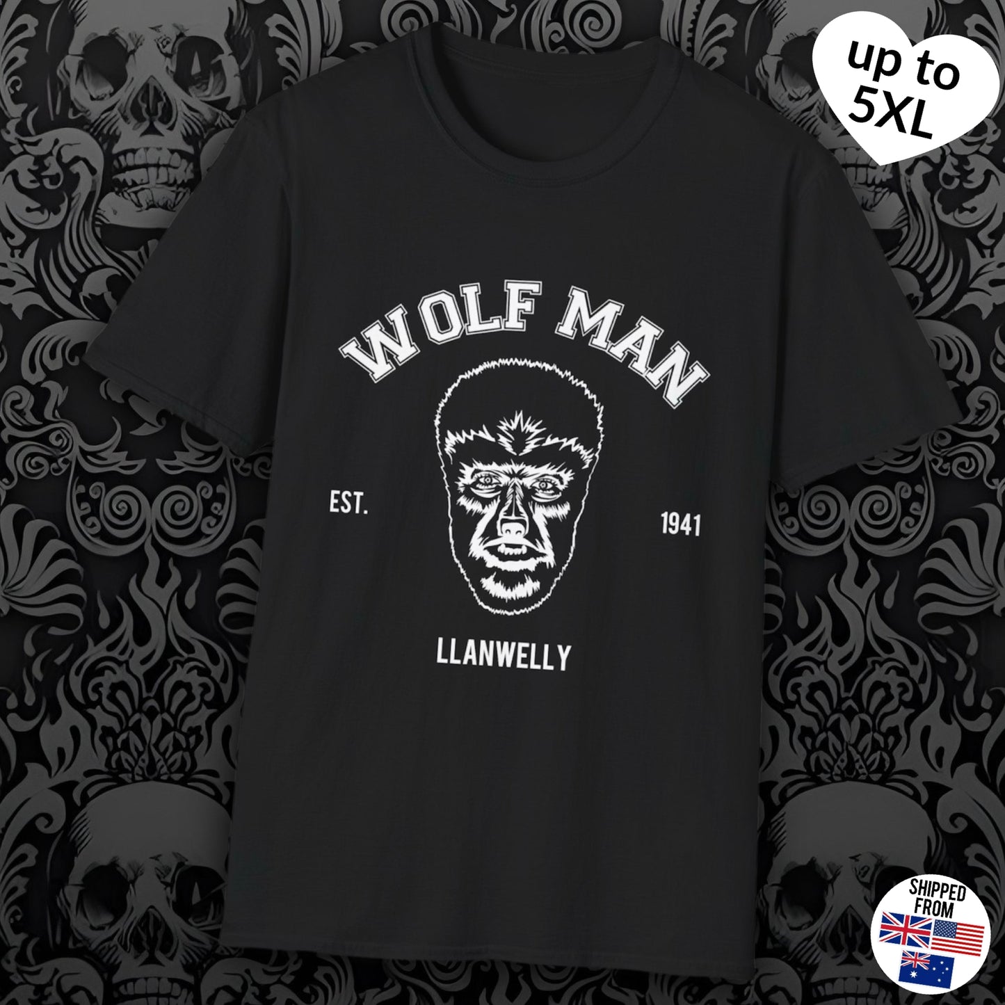 Wolf Man Retro College T-shirt, up to 5XL, Horror movies, werewolf