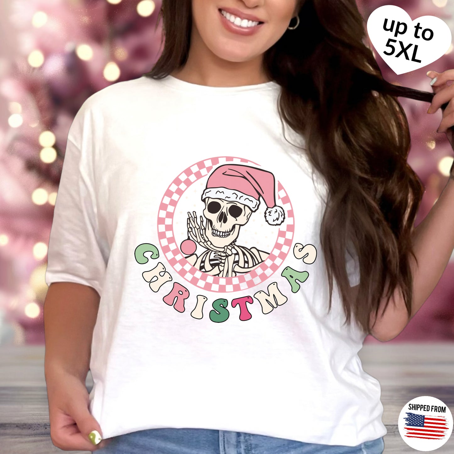 Pink Skeleton Christmas T-shirt, up to 5XL, spooky cute