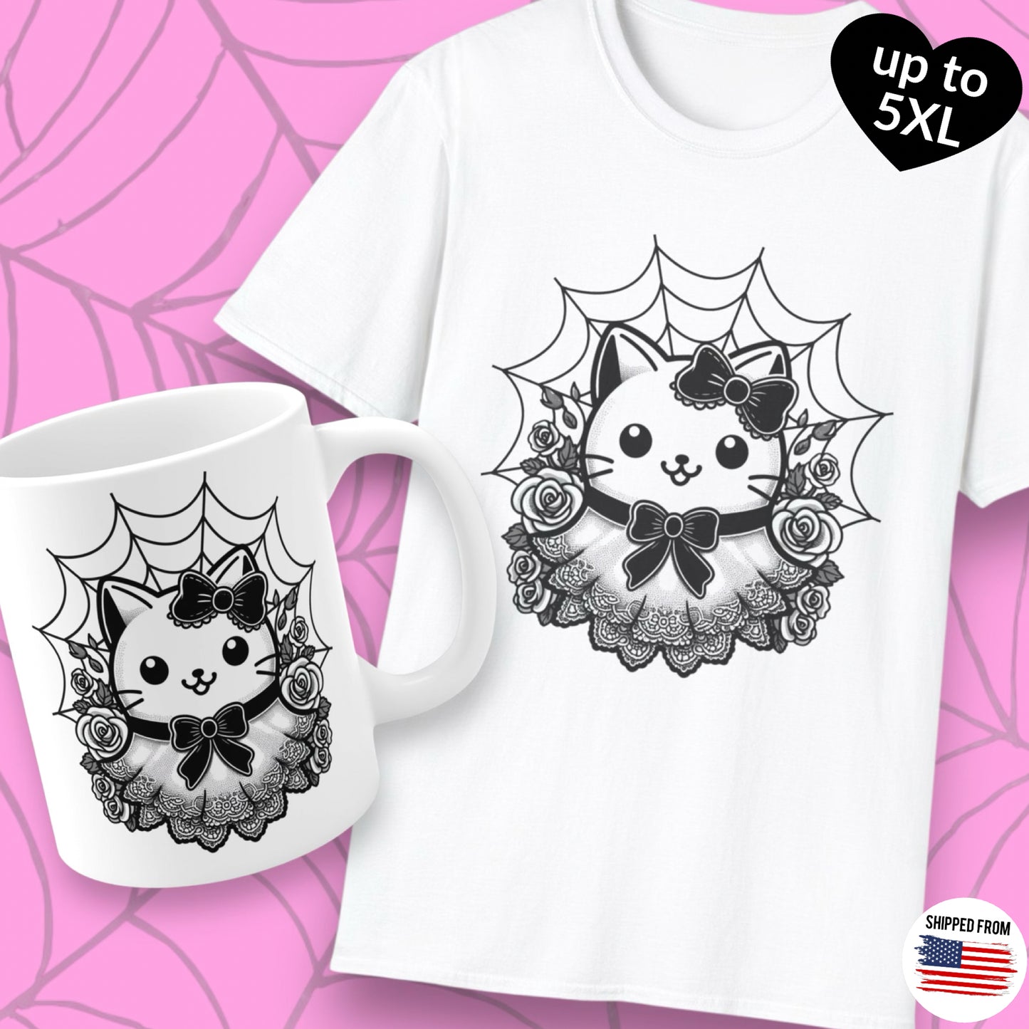 Spooky kawaii kitty T-shirt, up to 5XL, cute coquette