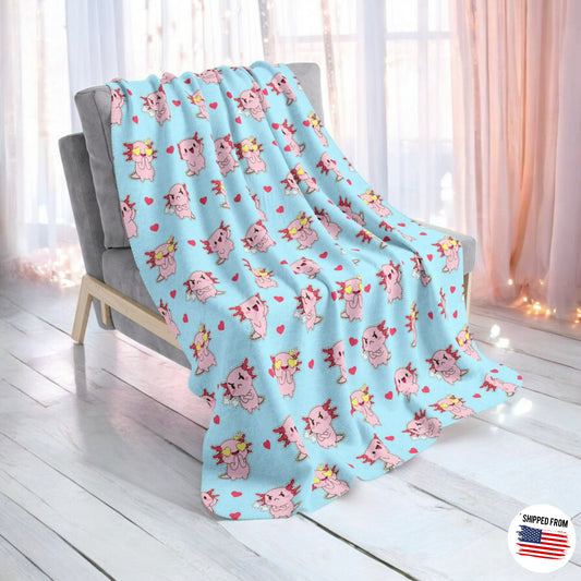 Cute Axolotl Fleece Sherpa Blanket, kawaii