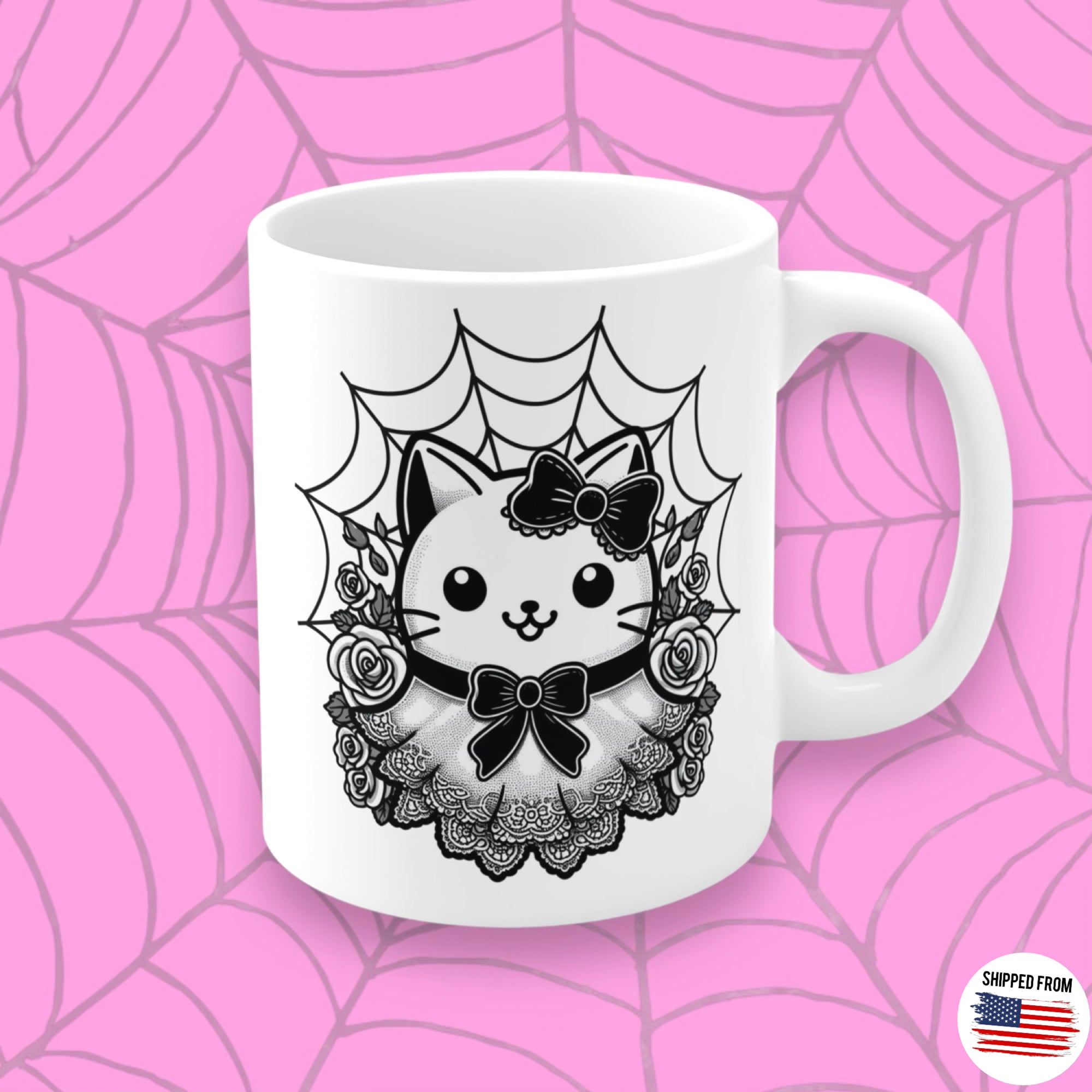 kawaii coquette kitty mug, spooky cute cat