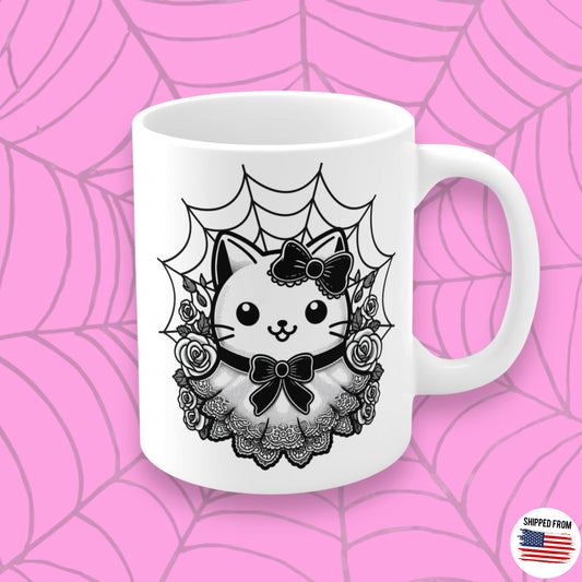 kawaii coquette kitty mug, spooky cute cat