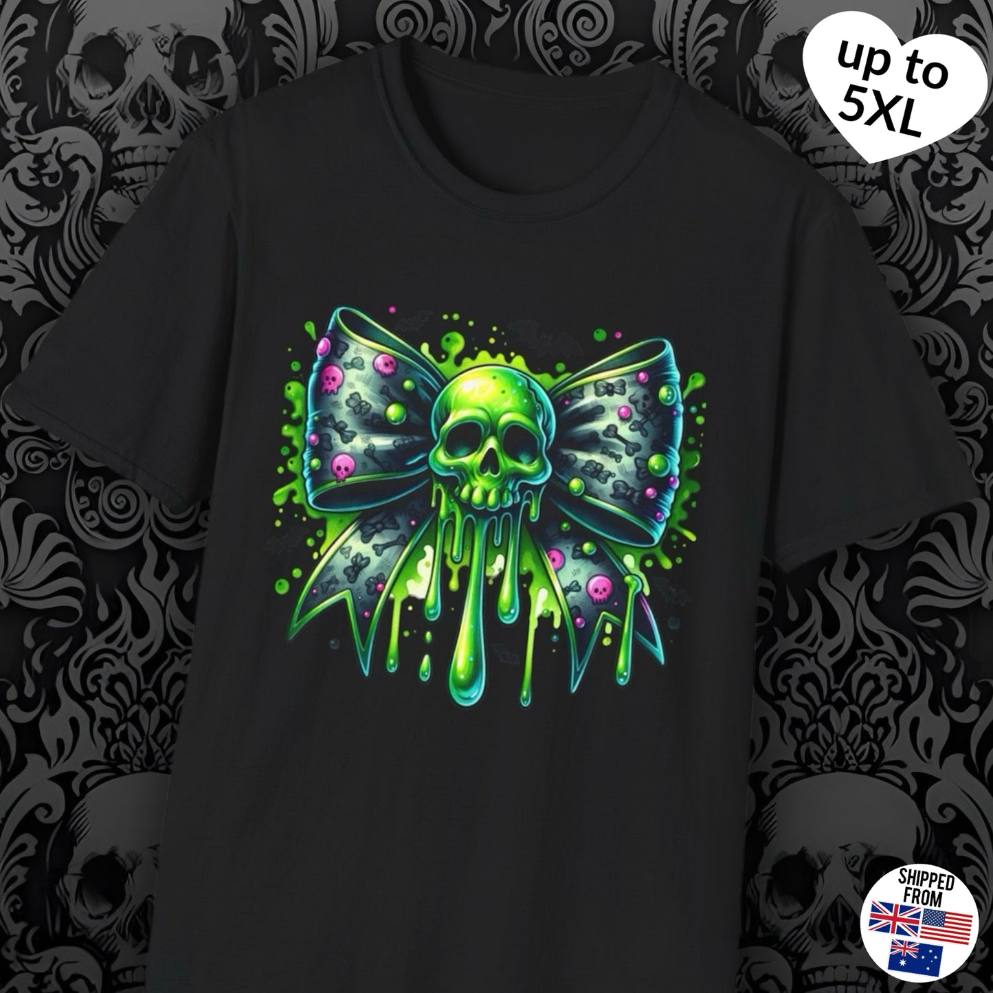 Coquette Neon Skull Bow, Halloween Softstyle T-Shirt, up to 5XL
