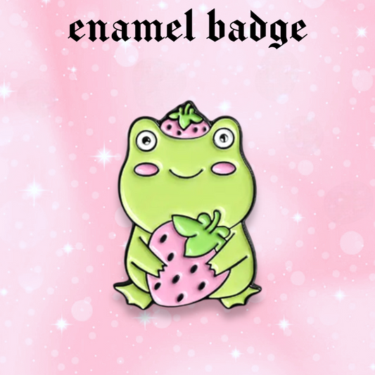 Cute Frog and Strawberry enamel pin badge, Strange Dollz Boudoir