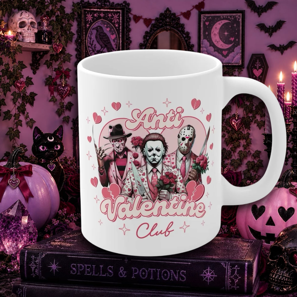 A white ceramic mug with a Halloween-themed Valentine's Day graphic reading 'Ari's Valentine Club' and featuring three horror movie characters with roses and hearts, displayed on a dark book in a spooky purple decorative setting.