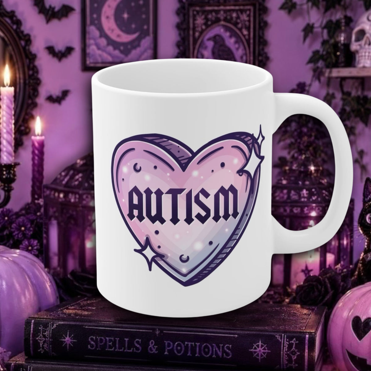 A white ceramic mug with a heart-shaped graphic that reads 'AUTISM' in dark purple lettering, set against a gothic-themed purple background with candles, bats, and a book.