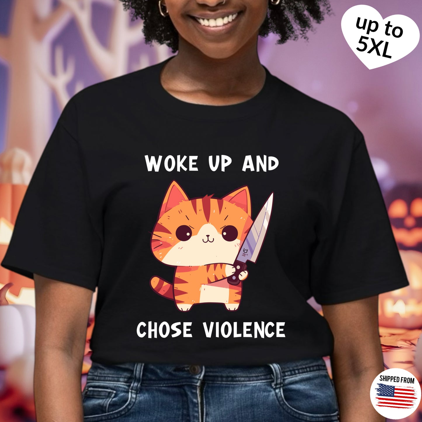 Woke up and chose violence T-shirt, up to 5XL, cute cat with knife