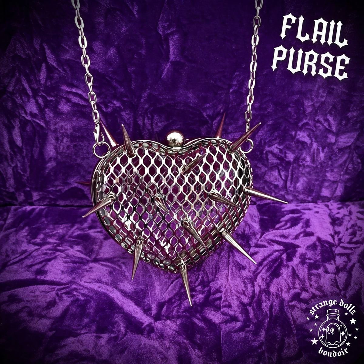 Flail Purse, Goth Spiked Heart Purse, Metal Mesh Chain Bag, Medieval Flail