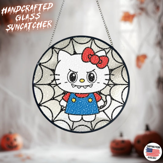 Spooky Labubu Kitty glass handcrafted suncatcher, Halloween