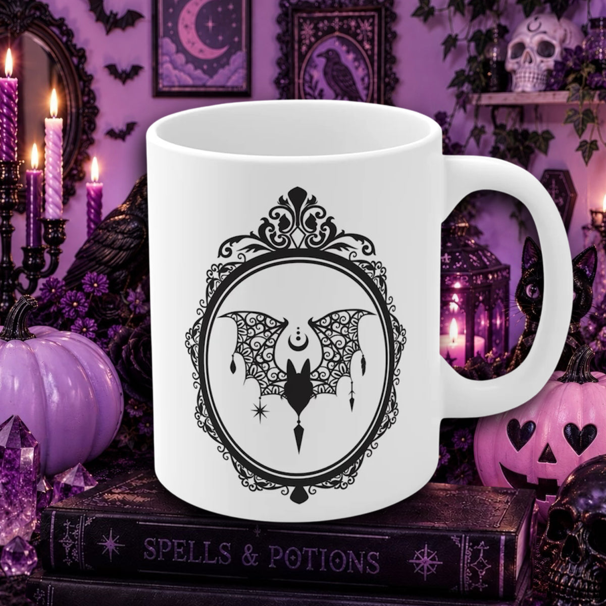 A white ceramic mug with a black bat illustration inside an ornate oval frame, displayed on a book surrounded by Halloween decorations including purple pumpkins, candles, and skull props.