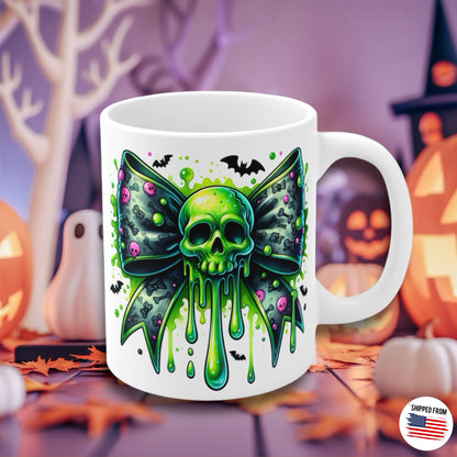 Coquette Neon Skull Bow, Halloween Mug