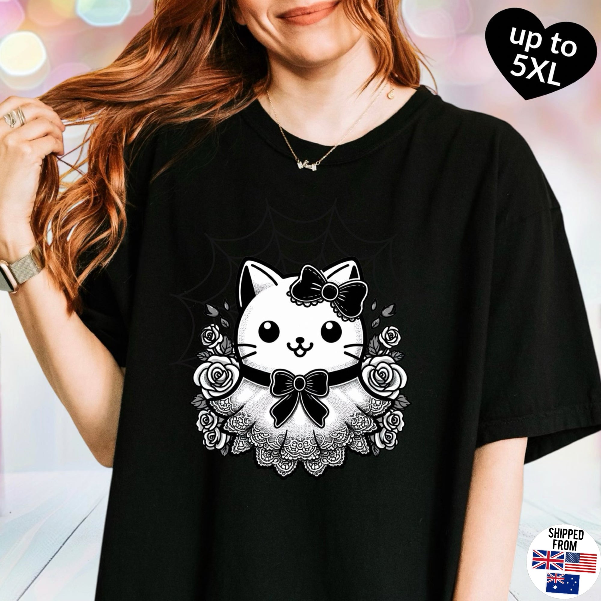 Spooky kawaii kitty T-shirt, up to 5XL, cute coquette