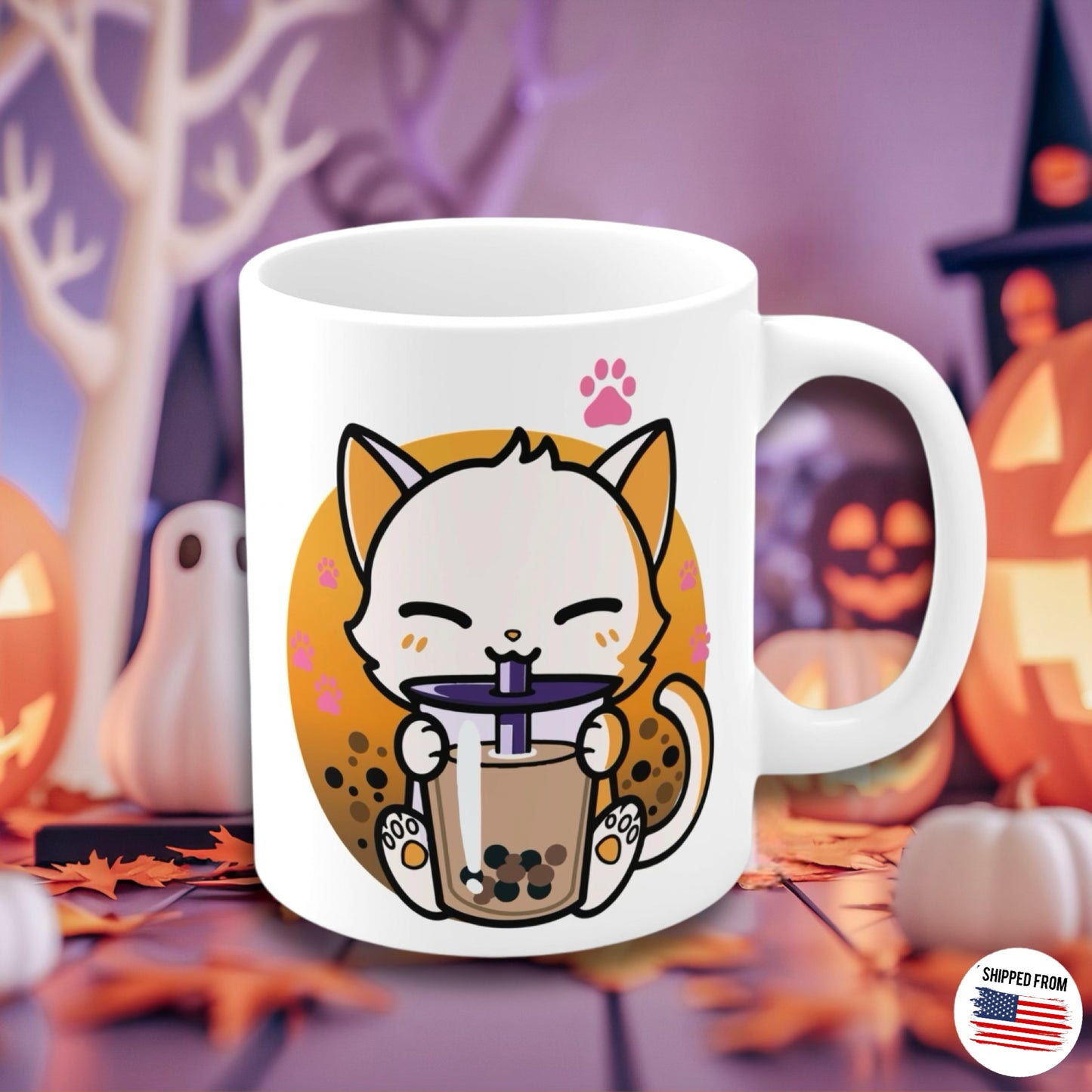 Cute Cat Boba Tea Mug, Bubble Tea Anime Kawaii Neko