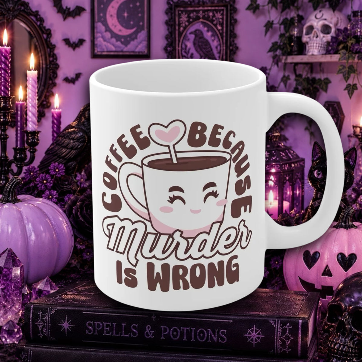 A white ceramic coffee mug with a cute cartoon cup graphic and the text 'COFFEE BECAUSE Murder IS WRONG' in brown, styled on a book surrounded by Halloween decorations like purple pumpkins, candles, and a skull in a purple gothic room.
