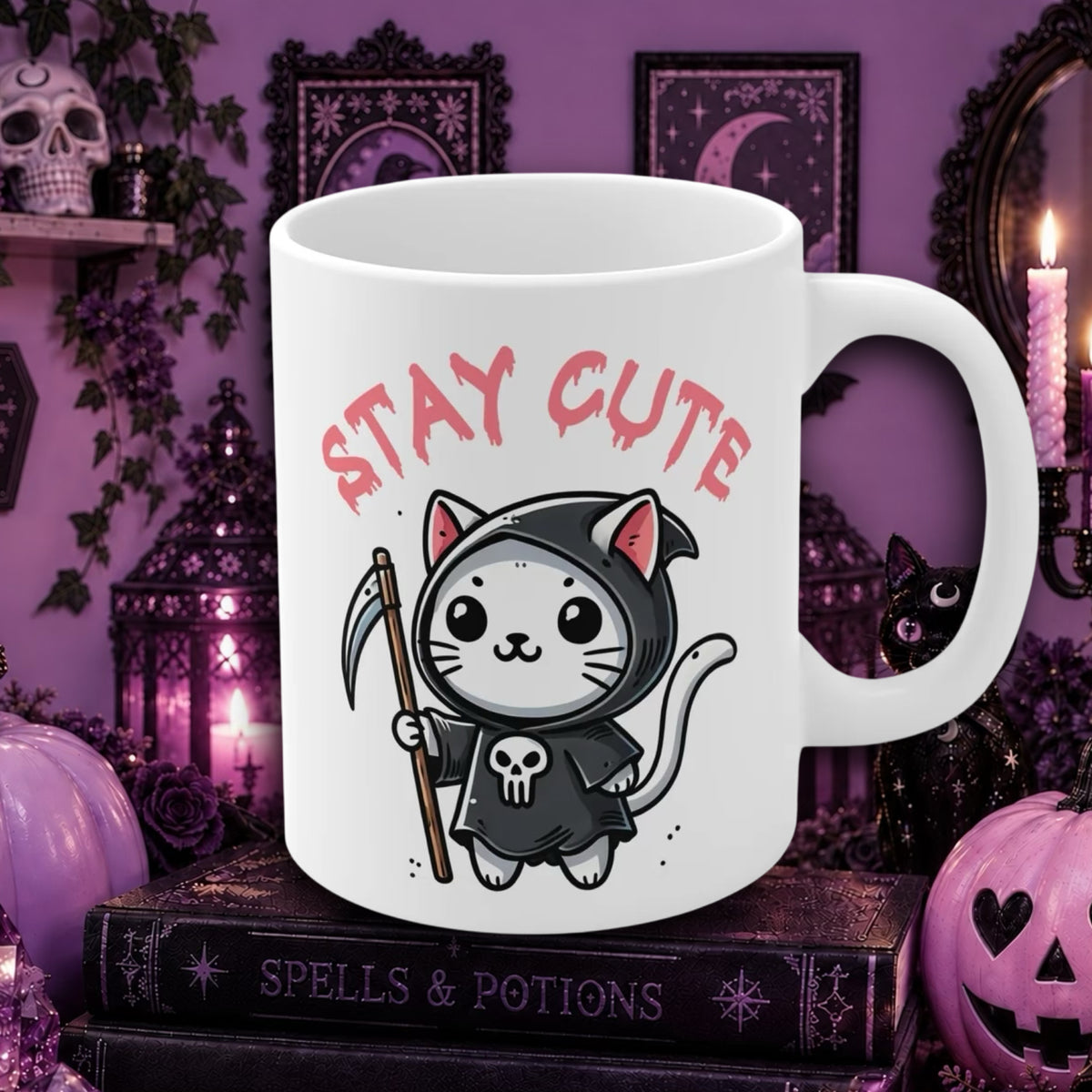 A white ceramic mug with a cute cartoon grim reaper cat in a black hood holding a scythe, with the words 'STAY CUTE' in pink above it. The mug is displayed on a stack of gothic books in a purple Halloween-themed setting with candles, pumpkins, and framed wall art.