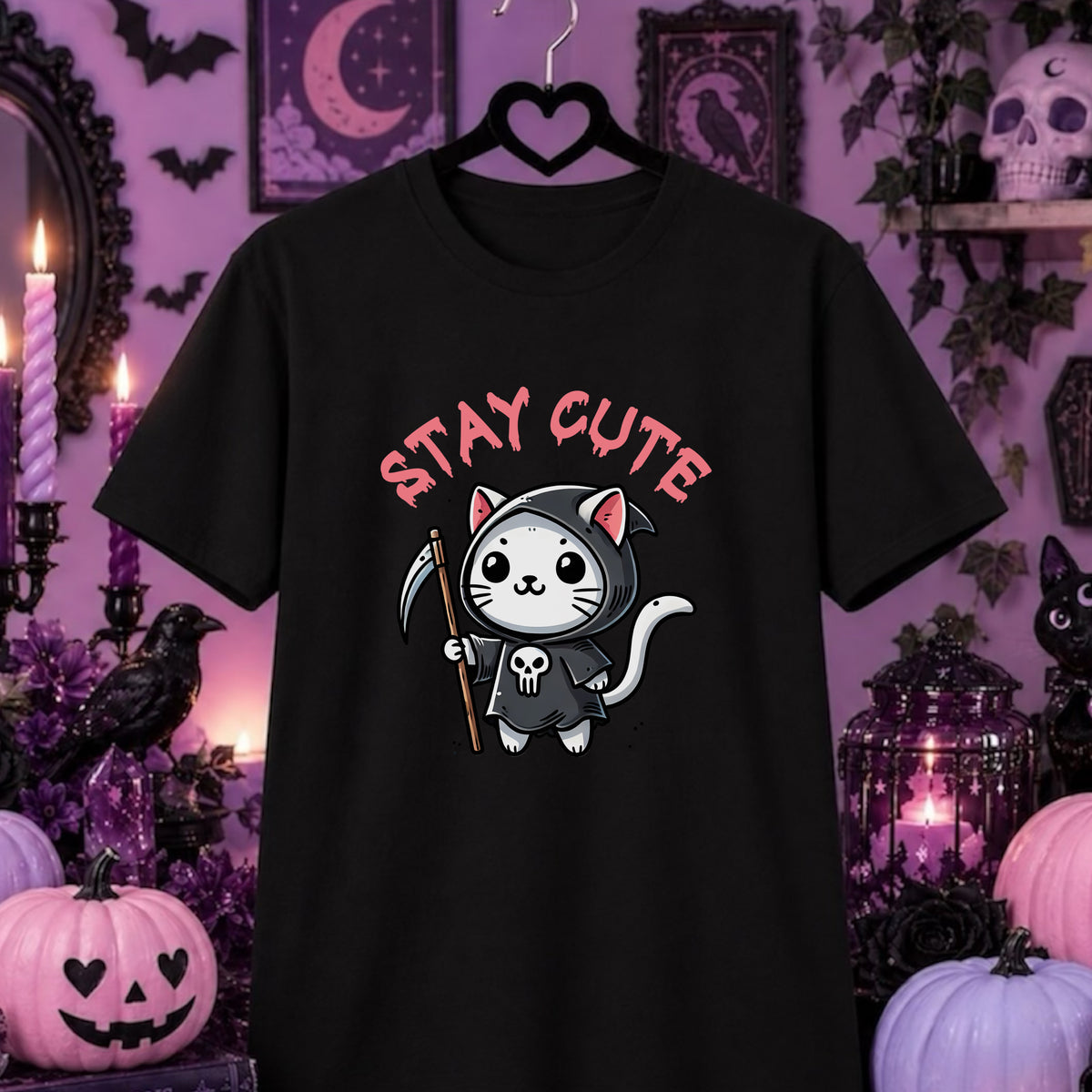 A black short-sleeve graphic t-shirt on a hanger, featuring a cute cartoon cat in a grim reaper costume with the text 'STAY CUTE' in pink. The shirt is displayed against a Halloween-themed purple background with pumpkins, candles, and bats.