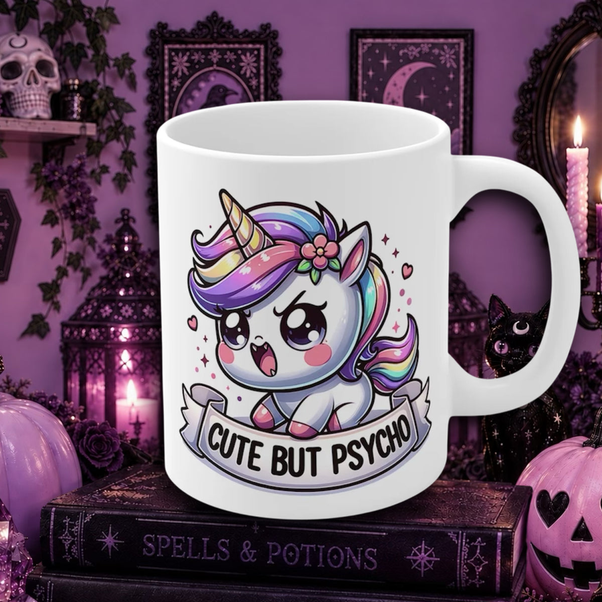 A white ceramic mug with a colorful cartoon unicorn graphic and the text 'CUTE BUT PSYCHO' on the front, displayed on a shelf in a Halloween-themed room with purple decor, candles, framed art, and pumpkins.