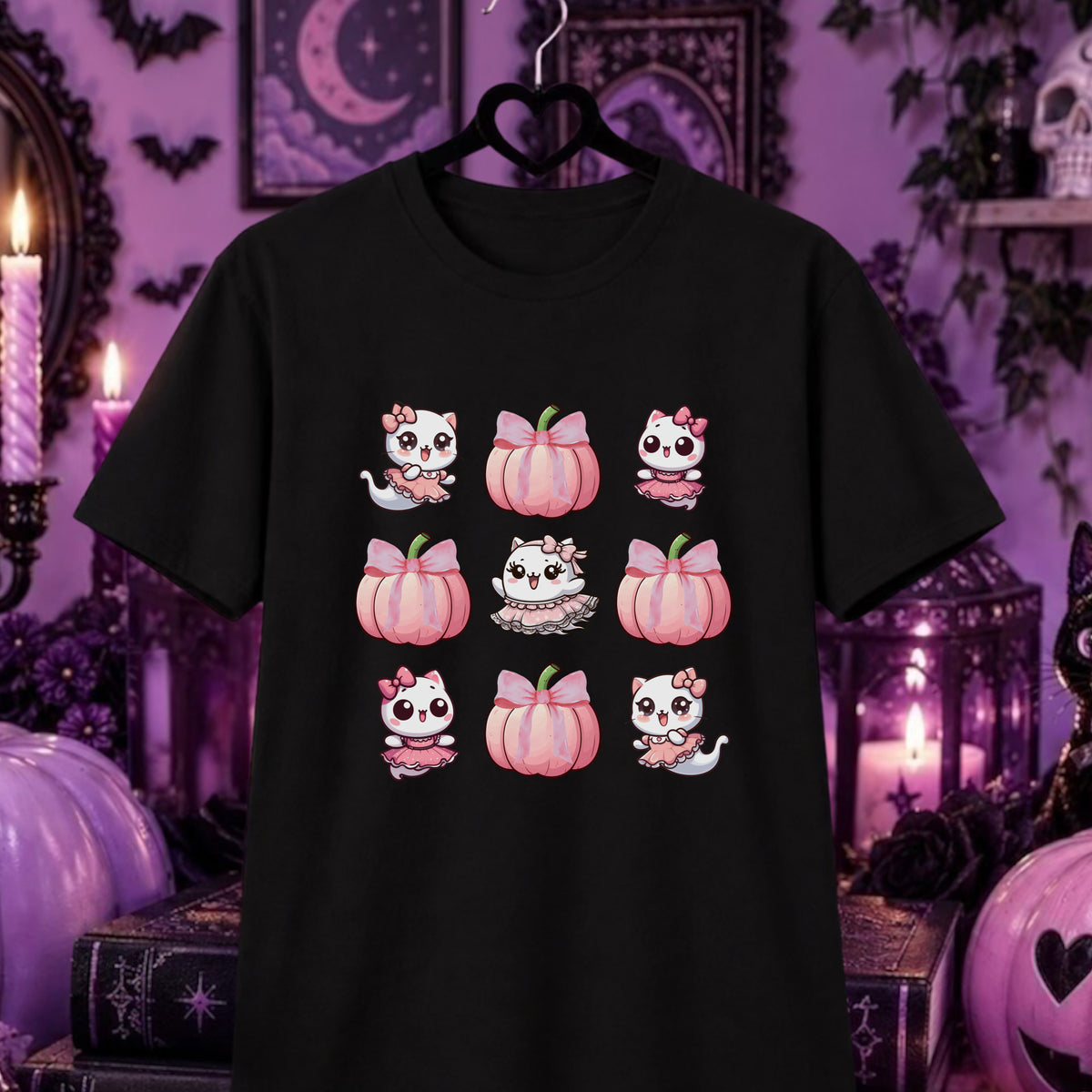 A black short-sleeve t-shirt hanging on a black hanger, featuring a 3x3 grid of cute cartoon cats and pumpkins with pink bows. The background is a spooky, purple-lit Halloween-themed room with candles, lanterns, and pumpkins.