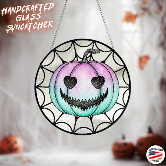 Pastel goth pumpkin glass handcrafted suncatcher, Halloween