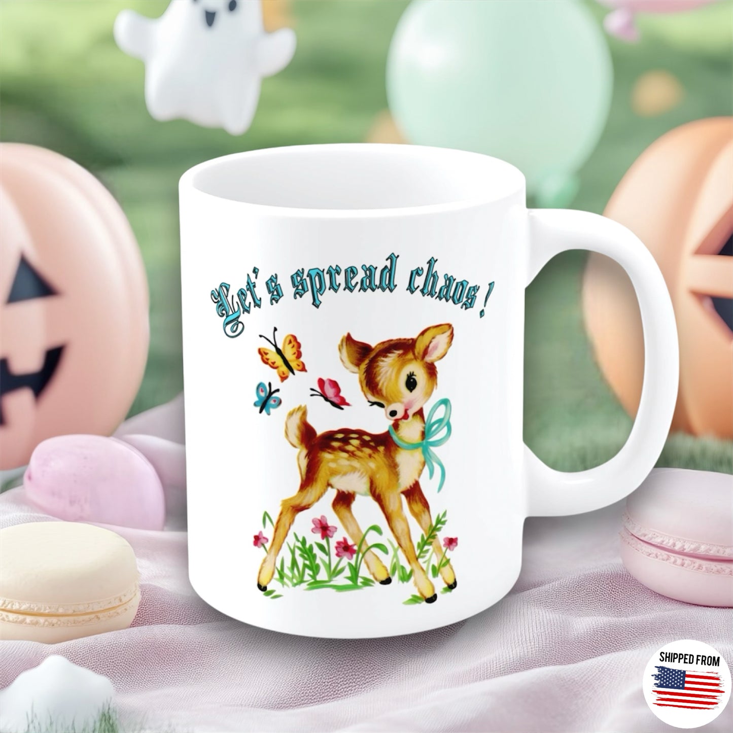 Let’s spread chaos Mug, cute deer, vintage kitsch