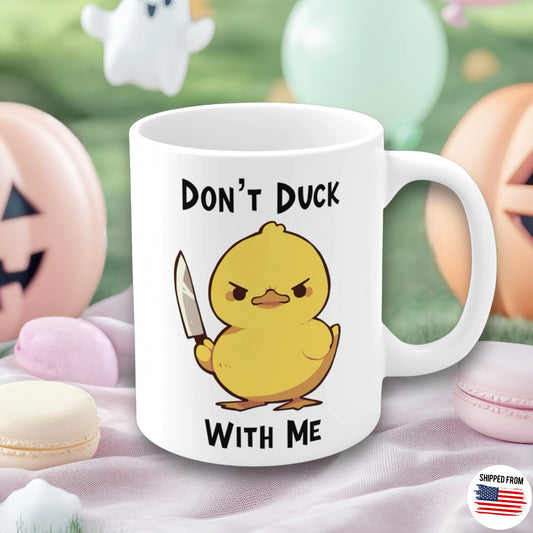 Don’t Duck with Me Mug, cute duck with knife