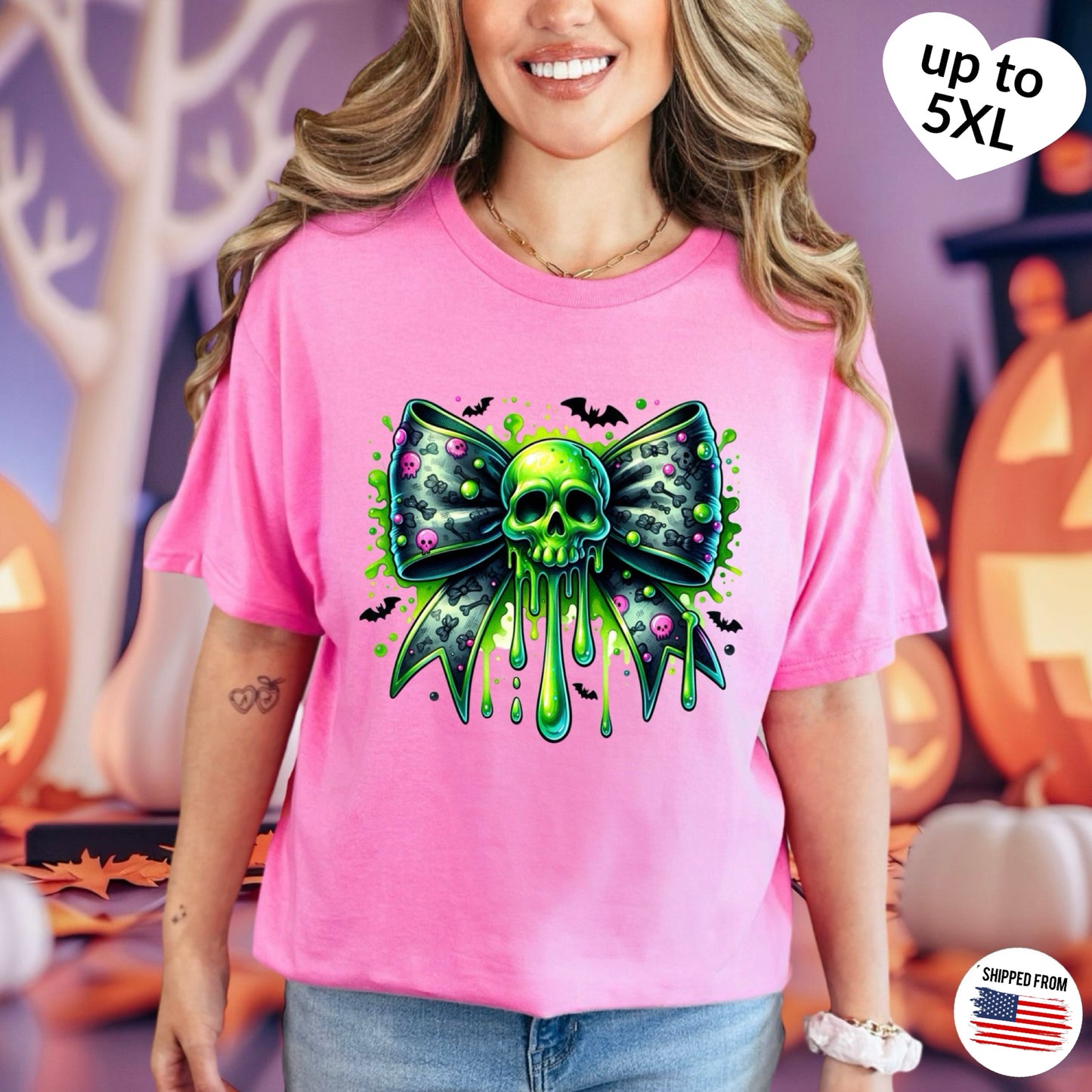 Coquette Neon Skull Bow, Halloween Softstyle T-Shirt, up to 5XL