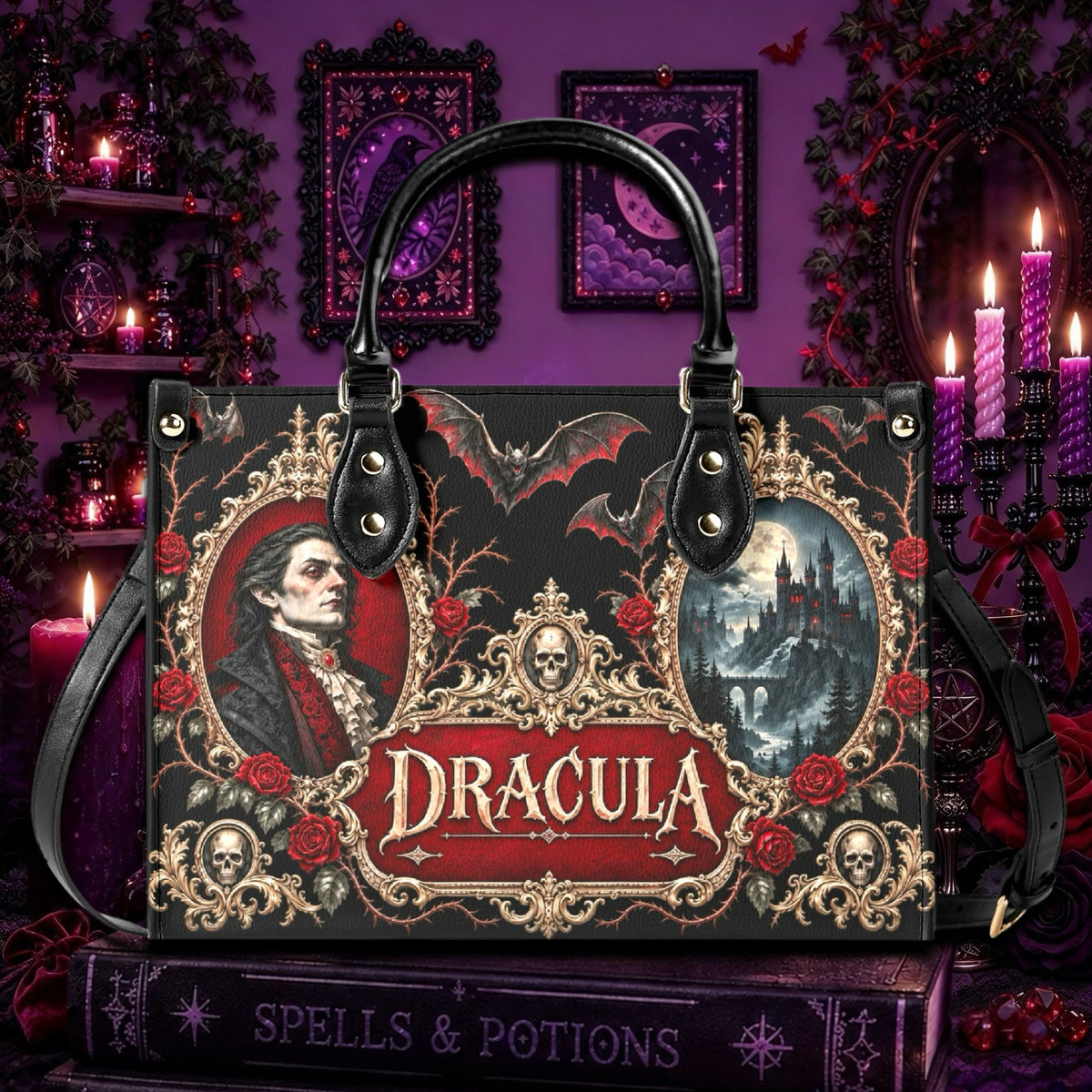 A black handbag with gothic Dracula artwork, featuring ornate gold filigree, red roses, skull motifs, and a central 'DRACULA' title panel. The bag is displayed on a book in a dark, purple-themed room with candles and framed art.